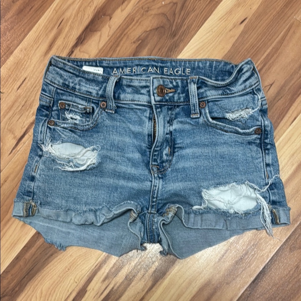 American Eagle Outfitters Blue Jean Shorts with Distressed Details